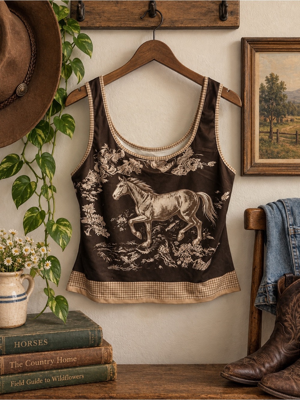SHEIN Brown Tank Top with Cream Horse Print